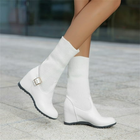 

ERTUTUYI Ladies Fashion Solid Color Knit Mouth Adjustable Buckle Inner Heightening Wedge Boots White 39