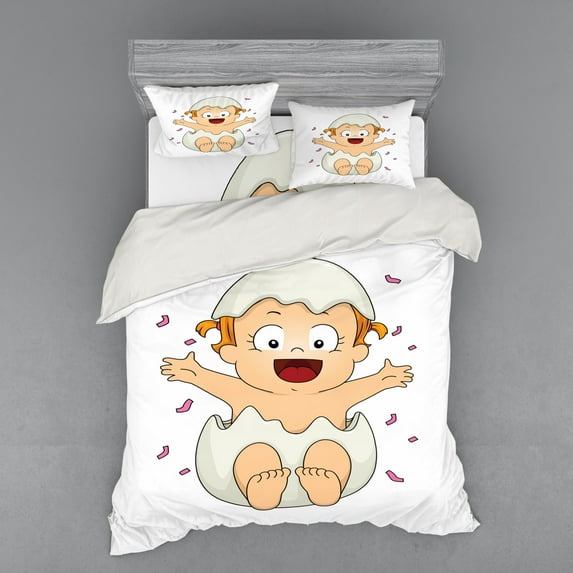 Cartoon Duvet Cover Set, Baby Girl Popping out of an Egg Gender Reveal Themed Illustration Doodle Character, Bedding Set with Shams and Fitted Sheet, 3 Sizes, by Ambesonne