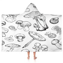 Black Mushroom Line White Pattern Hooded Bath Towel，50"x30" for Ages 3 To 12 Kids, Quick Dry Lightweight Soft Microfiber Hood Beach Towel Cover Up for Kids