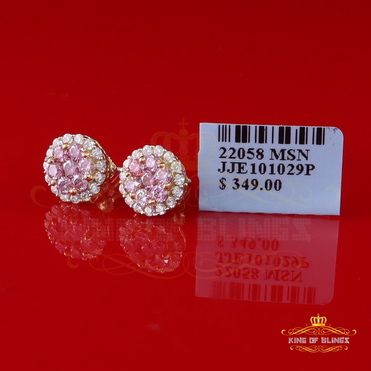 King of Bling's 925 Silver Yellow 1.33ct VVS D Pink Moissanite Round Men's/Women's Stud Earrings