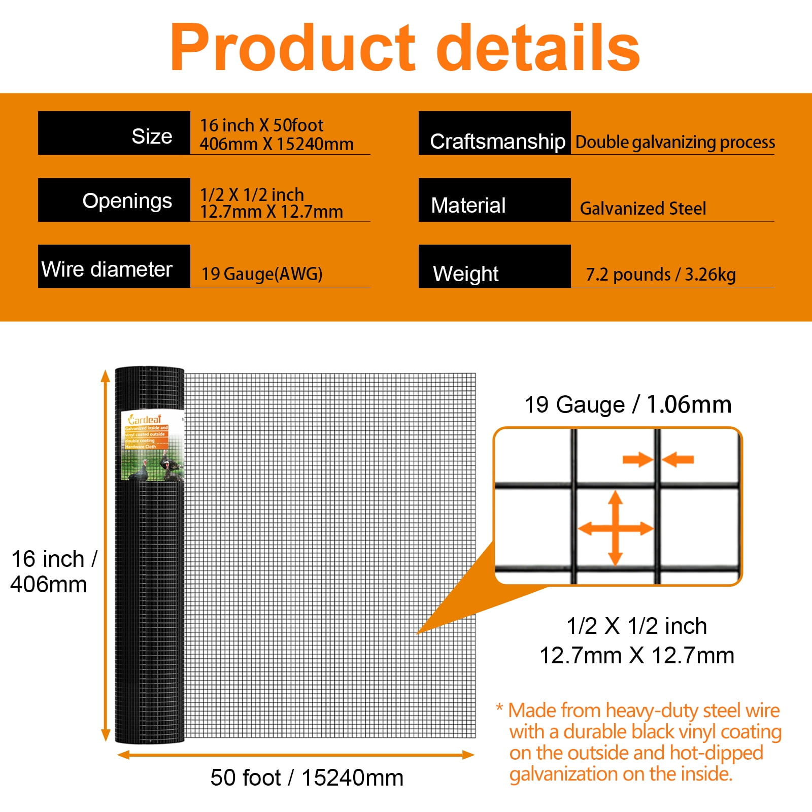 19 Gauge Black Hardware Cloth1/2 Inch -Vinyl Coated Welded Wire Mesh Roll- Duty Rust Proof Fencing for Gardens, Poultry Animal Netting Cage Screen (Black 1/2 16inx50Ft)