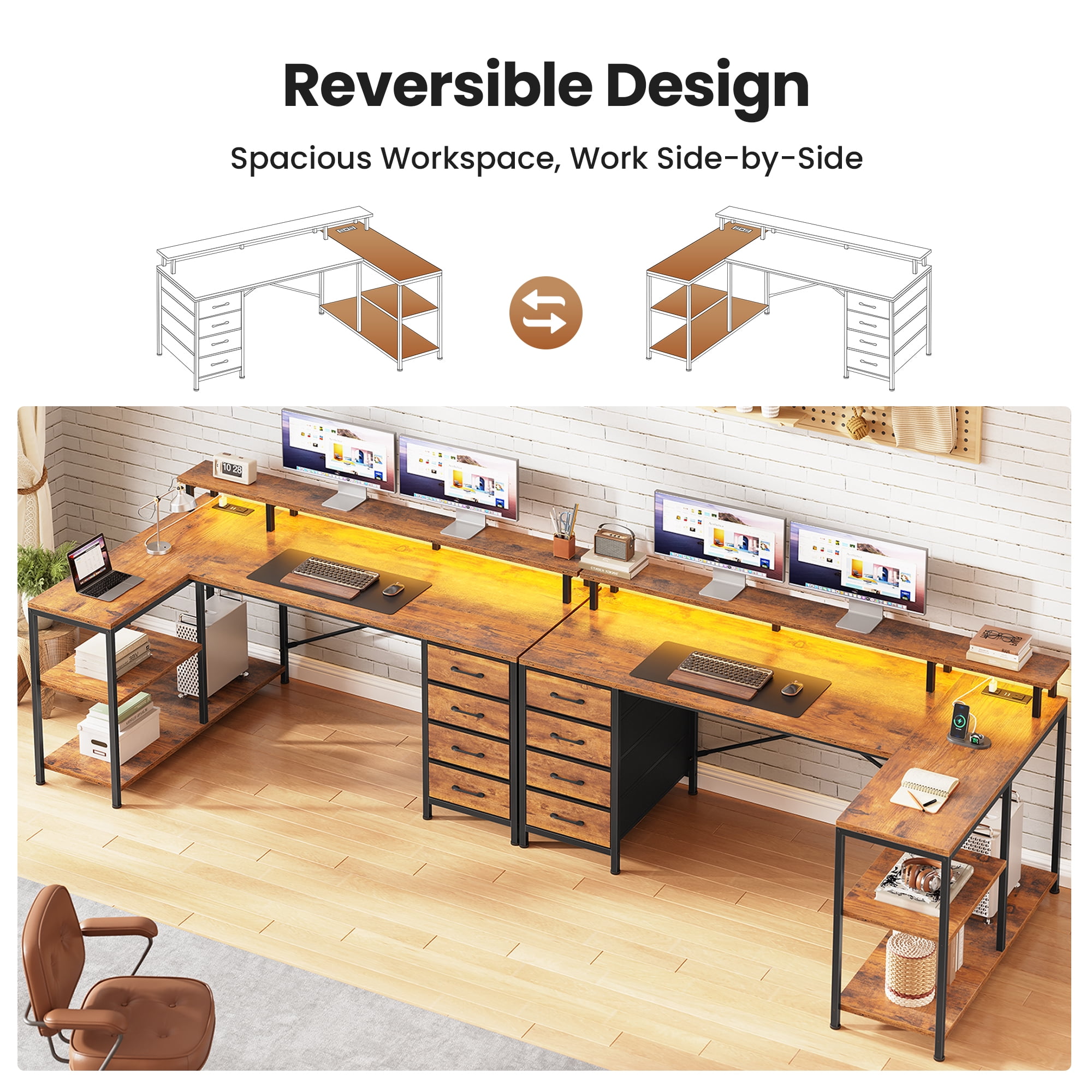 47" Gaming Desk with Power Outlets & LED Lights, L Shaped Desk with Fabric Drawers & CPU Stand, Corner Computer Desk with Open Shelves for Small Space, Rustic Brown