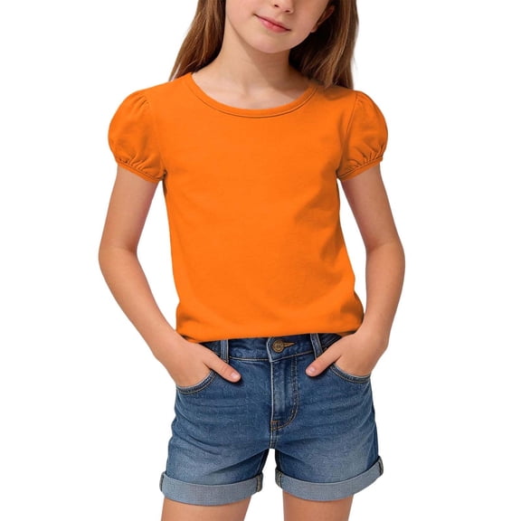 RRMuAzgs Girls' Puff Sleeve T-Shirt Casual Crew Neck Solid Color Short Sleeve Tops Lightweight Soft Summer Kids Tee Shirts Blouses