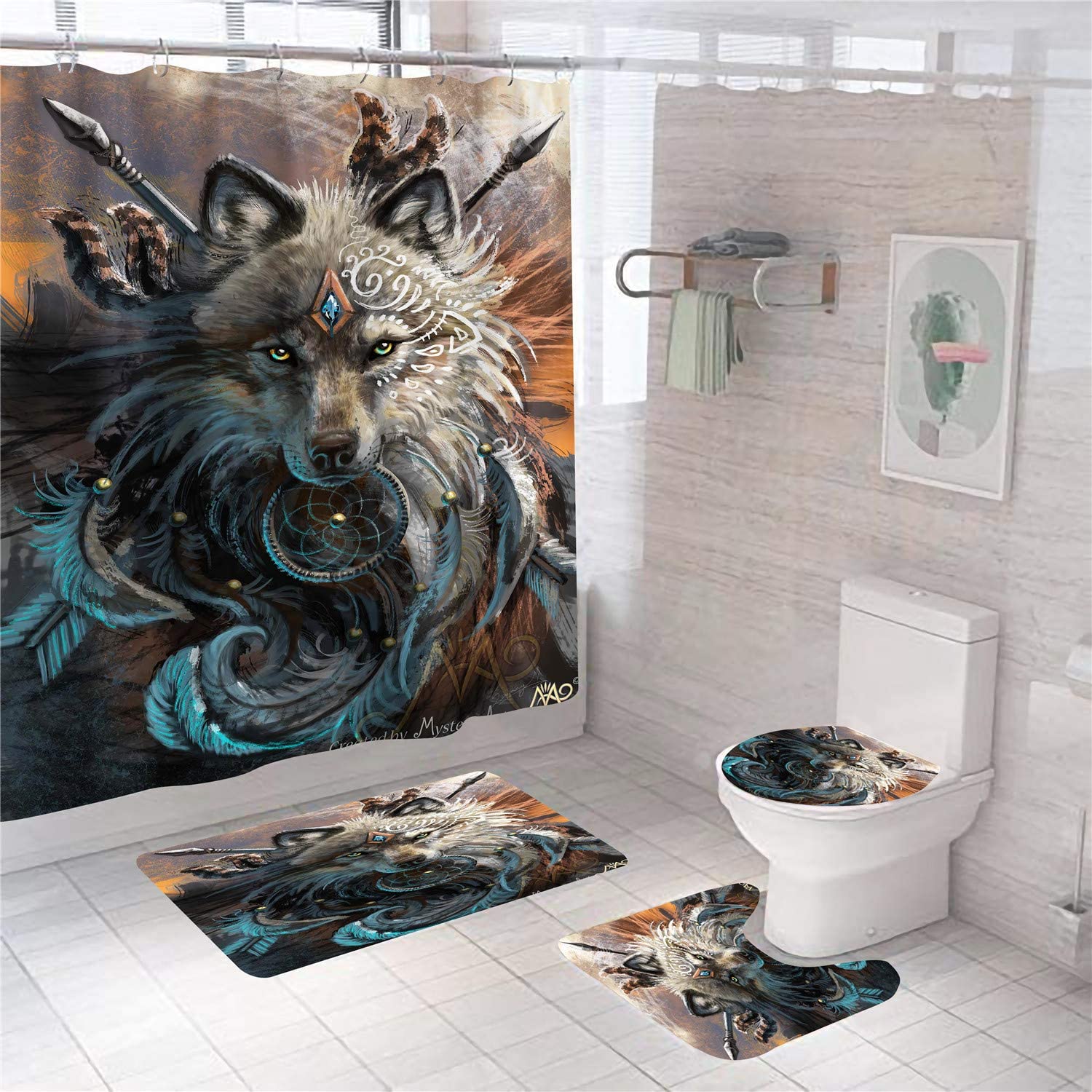 Boho Wolf Bathroom Shower Curtain Sets with Rugs Toilet Lid Cover and