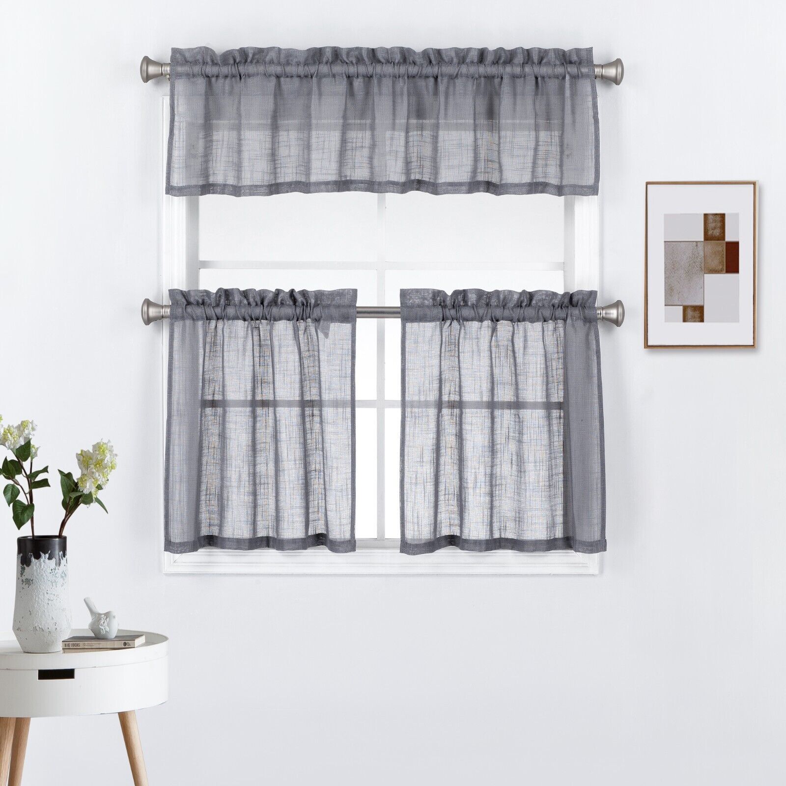 3 Piece Rod Pocket Linen Semi Sheer Kitchen Window Curtain Tiers and Valance Set
