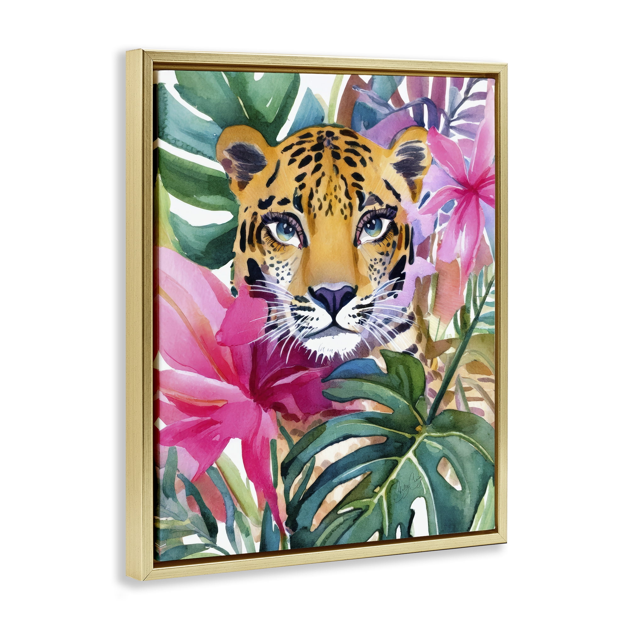 Stupell Industries Tropical Tiger Peeking Gold Framed Floater Canvas Wall Art, design by Shelly Craig