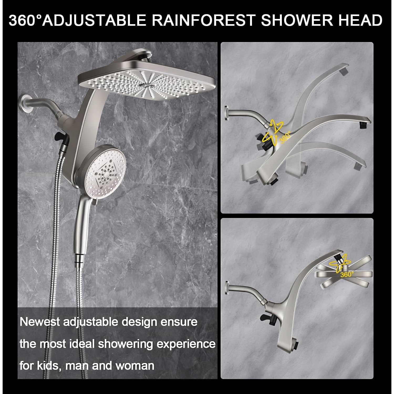 High Pressure Rain Shower Head: Upgrade Shower Heads with Handheld Spray Combo with Fixed Showerhead and 10 Sprays Handheld Shower Head, Detachable Shower head Built-in Magnetic Docking