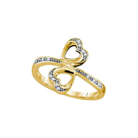 - 10kt Yellow Gold Womens Round Diamond Double Heart Bypass Ring 1/20 Cttw