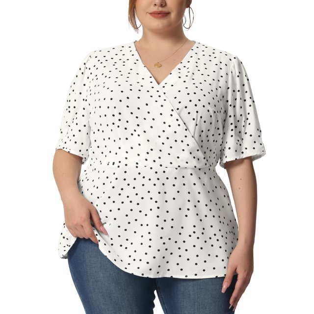 Blusa envolvente de peplum de manga corta con cuello en V y lunares para mujeres de tallas grandes Agnes Orinda 1X blanca