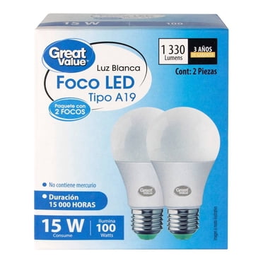 Paquete de Focos Great Value Tipo A19 Led 15W Luz Blanca 2 Piezas