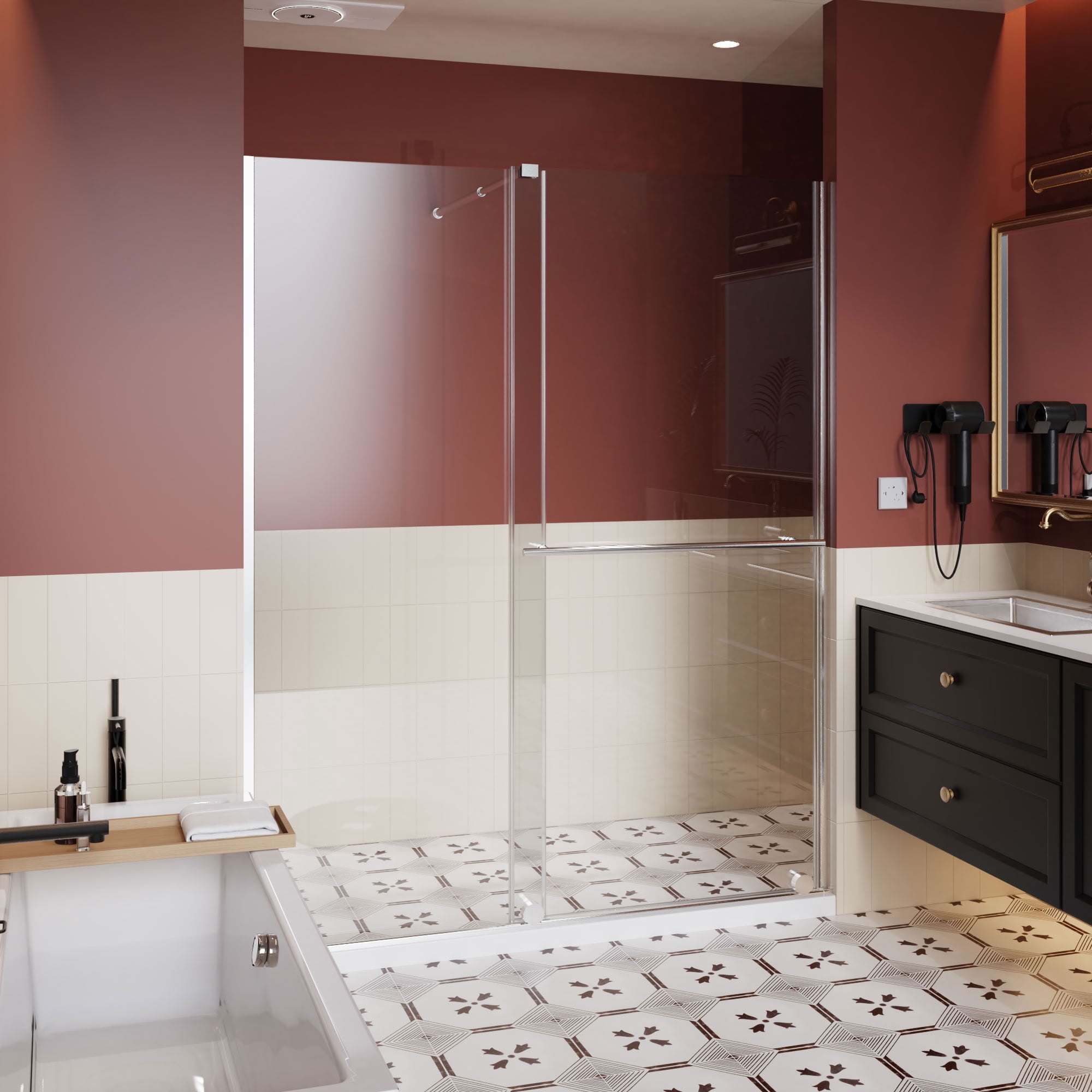 MAYEERTY Dual-Use Shower Sliding Door, Chrome Frame, 1/4" Tempered Glass with Stainless Steel Handle & Supporting Bar, Waterproof & Adjustable Width