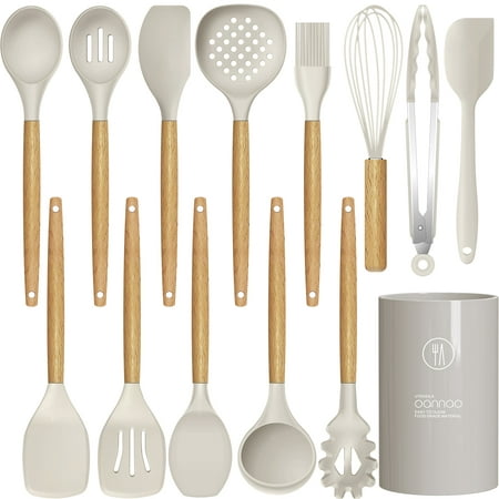 oannao Silicone Cooking Utensils Kitchen Utensil Set - 446°F Heat Resistant,Turner Tongs,Spatula,Spoon,Brush,Whisk. Wooden Handles Khaki Kitchen Gadgets Tools Set for Non-Stick Cookware (BPA Free)