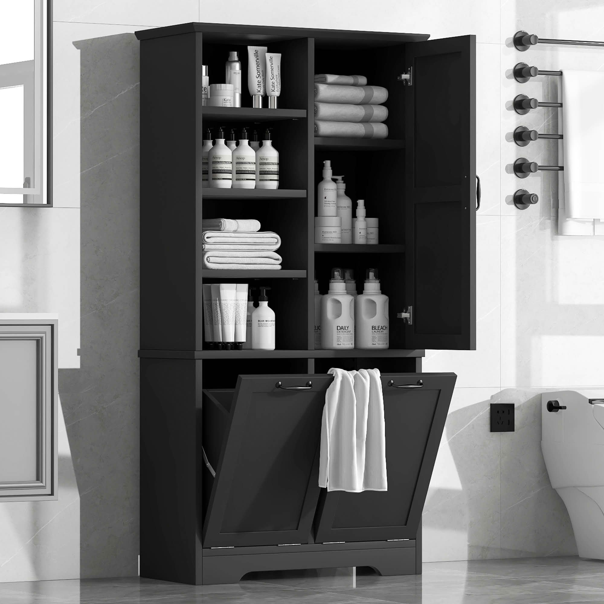 MAYEERTY Bathroom Storage Cabinet with Doors Drawers, Tilt-Out Laundry Hamper Open Adjustable Shelf, Freestanding Multi-Storage, Black