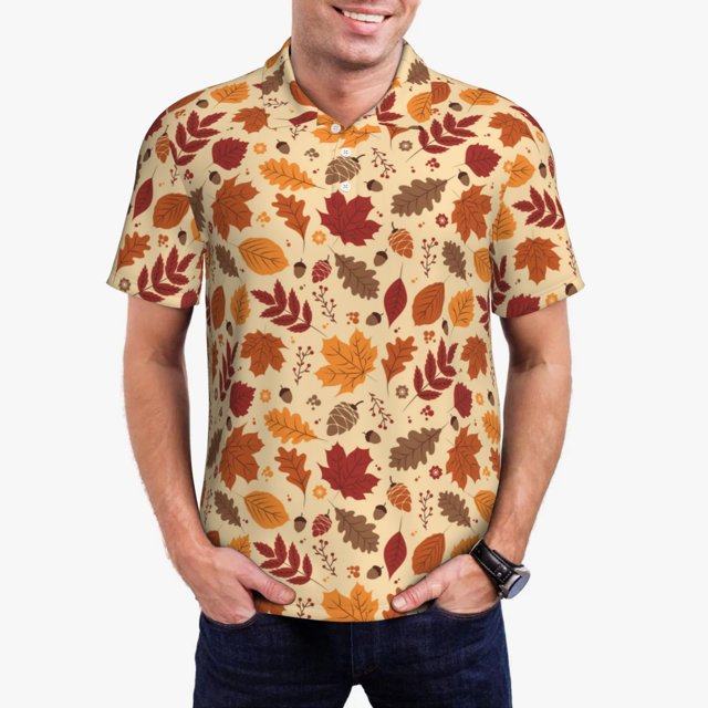 Balery Autumn Leaves 2 Camisa Polo de Hombre con Estampado, de Manga Corta y Tejido Medio, Camisa Tipo Golf Polo-4X-Large