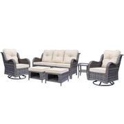 Fulljojor 6 Pieces Outdoor Patio Furniture Set, Rattan Wicker Sectional Swivel Rocker Chairs Sets