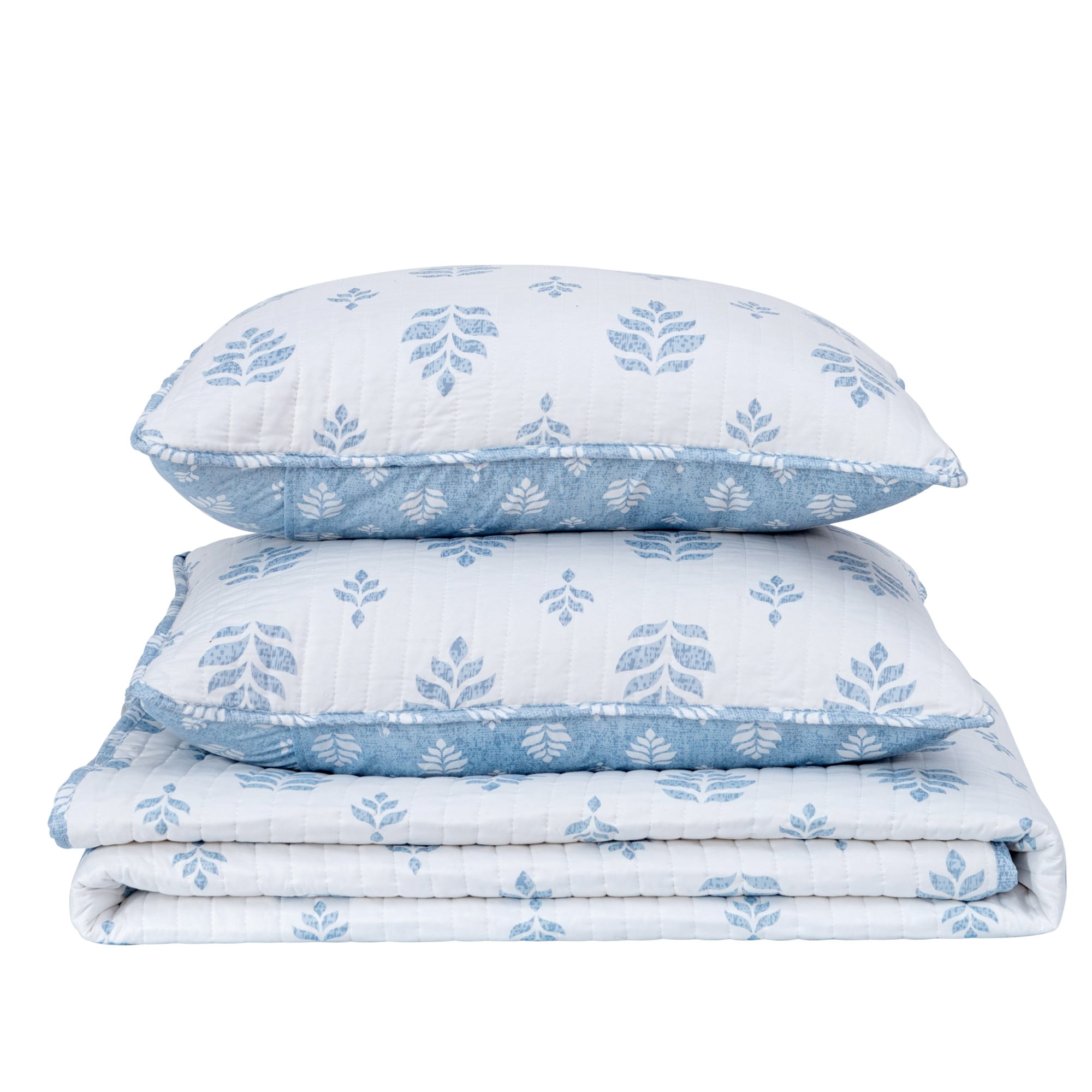 Great Bay Home Intricate French Floral Design Reversible Reversible Quilt Set With Shams  (King, Colette - Blue)