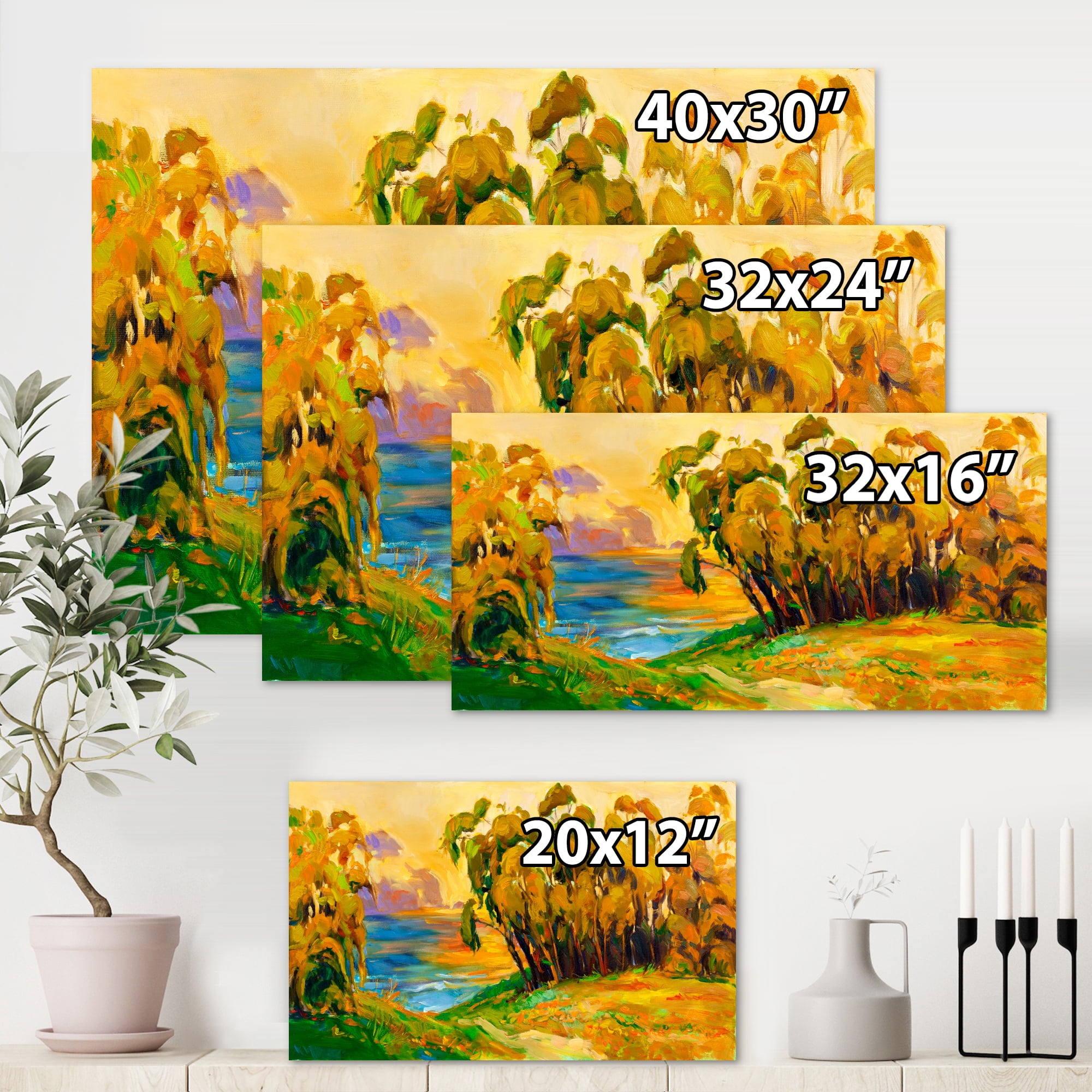 Designart ' Brown Trees By The Riverside During Evenign Glow ' Traditional Canvas Wall Art Print