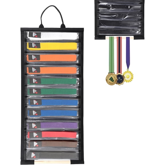 Wall Hanging Martial Arts Belts Organizer for 12 Belts, Portable Karate Belt Display Holder with Medals Hanging Stick, Lightweight Taekwondo Belt Organizer for Martial Arts Learners