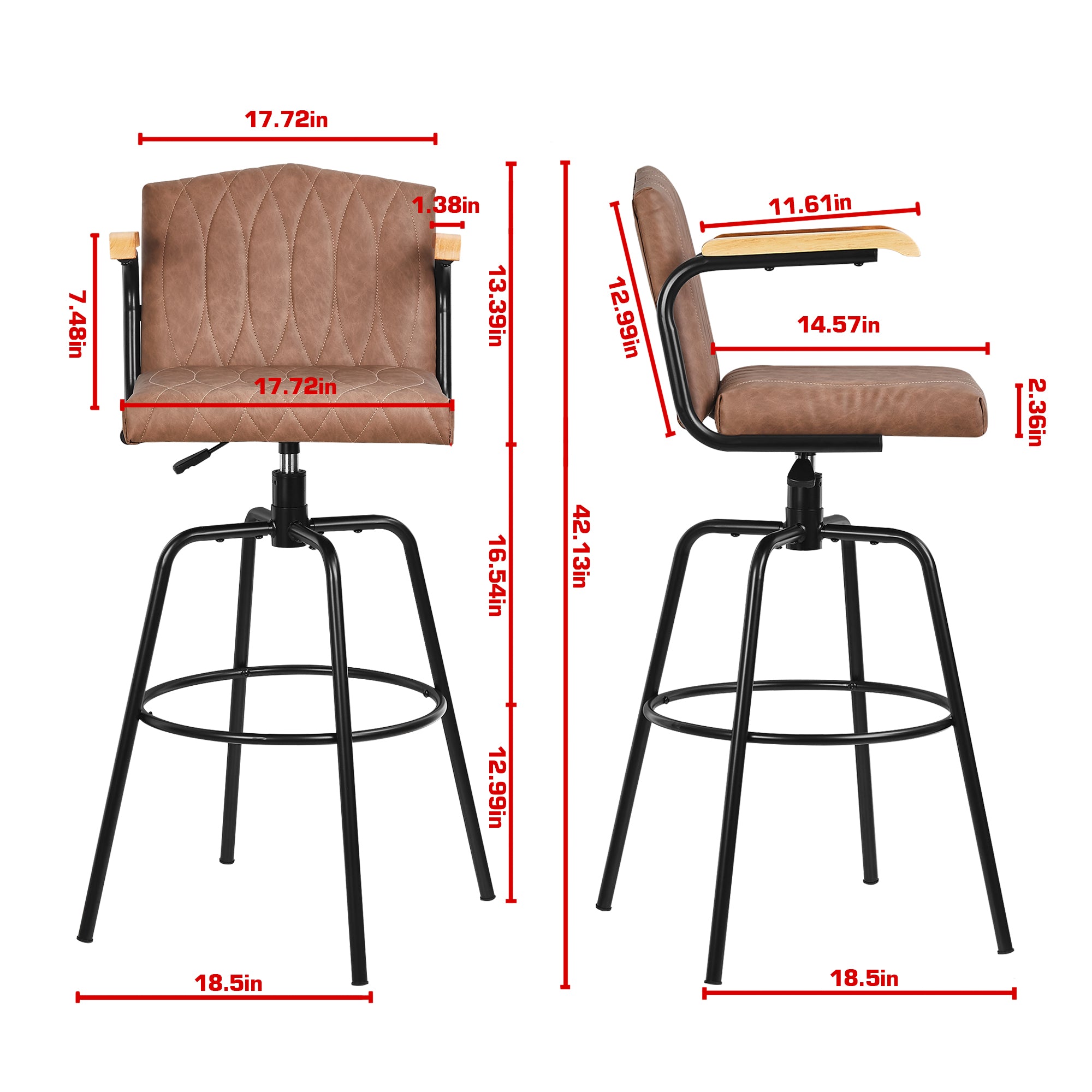 VECELO Swivel Bar Stools Set of 2 with Back and Armrest, Counter Height, Velvet Upholstered Bar Chairs for Kitchen Island & Home, Brown