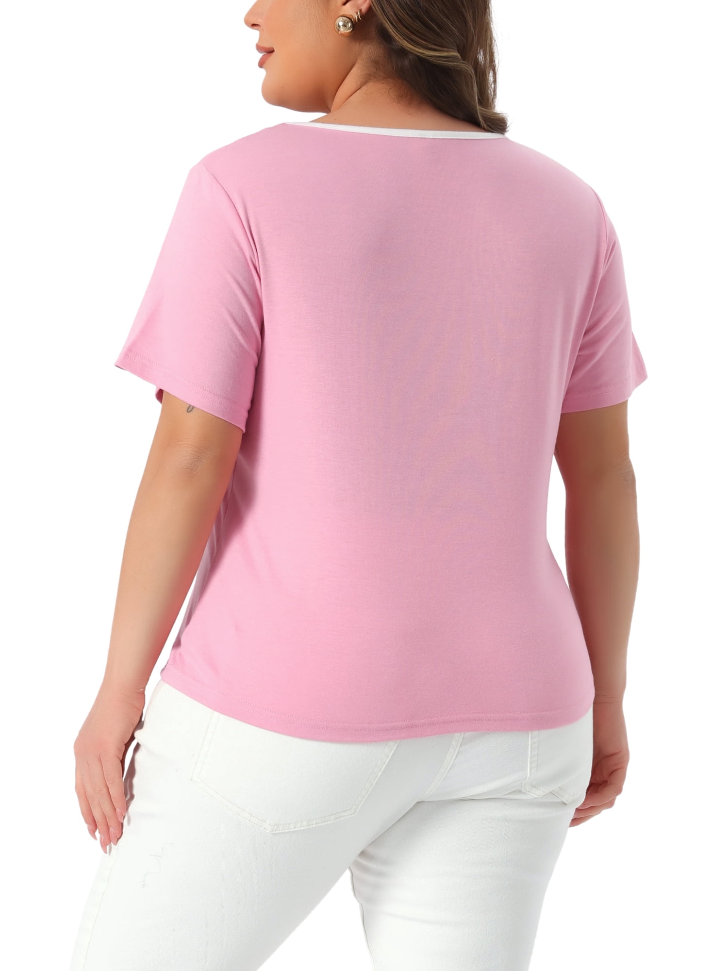 DARING DIVA Women's Plus Blouse Sweetheart Neck Contrast Trim Tie Knot  Tee 2X Pink