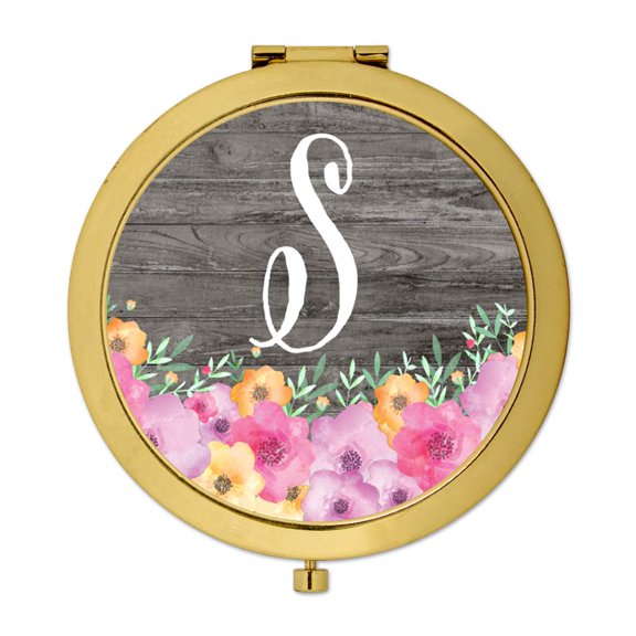 Koyal Wholesale Gold Compact Mirror Bridesmaid's Wedding Gift, Pink Floral Flowers on Rustic Gray Wood, Monogram S, 1-Pk