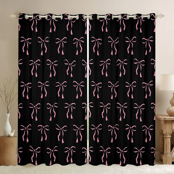 Manfei Black Pink Bowknot Black Out Curtains for Kids, Cute Princess Bow Curtains Pack of 2 (42x63 Each), Kawaii Cartoon Bow-tie Bedroom Curtains, Curtains and Drapes Room Decor