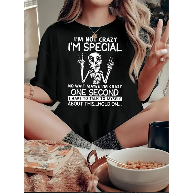 Women's Fun Skull Print T-Shirt - Casual Crew Neck, Short Sleeve, Stretchy Polyester Blend, Machine Washable - Perfect for Summer & Everyday Fashion