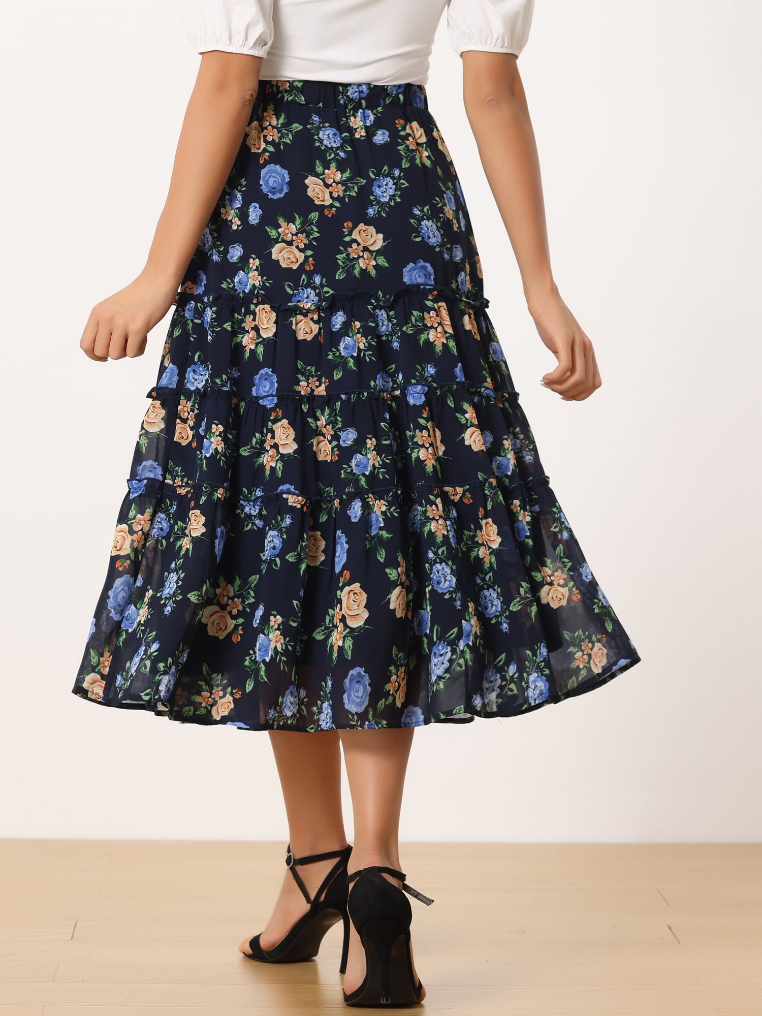 DARING DIVA Women's Chiffon Tiered A-Line Maxi Skirt M Navy
