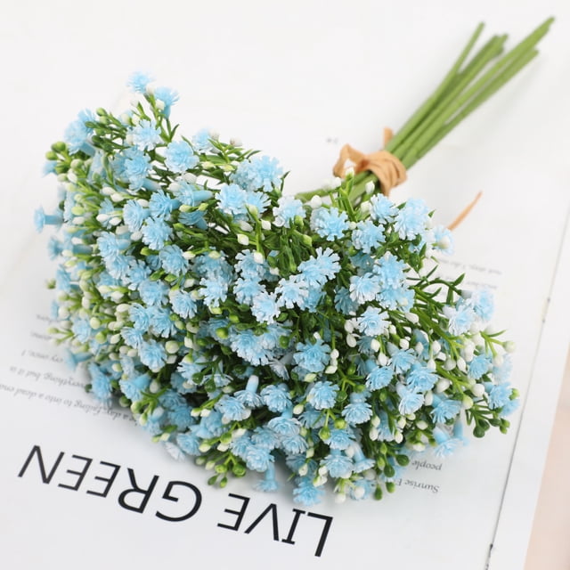 Nvzi Ramos de flores artificiales de aliento de bebé de color azul, 7 piezas de flores de tacto real para decoración del hogar, fiestas de bodas