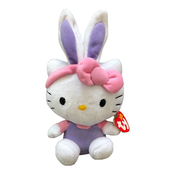 TY Beanie Babies - HELLO KITTY EASTER BUNNY 8" Plush (Purple Ears Purple Overalls)(BONUS ONE RANDOM TY ERASER)