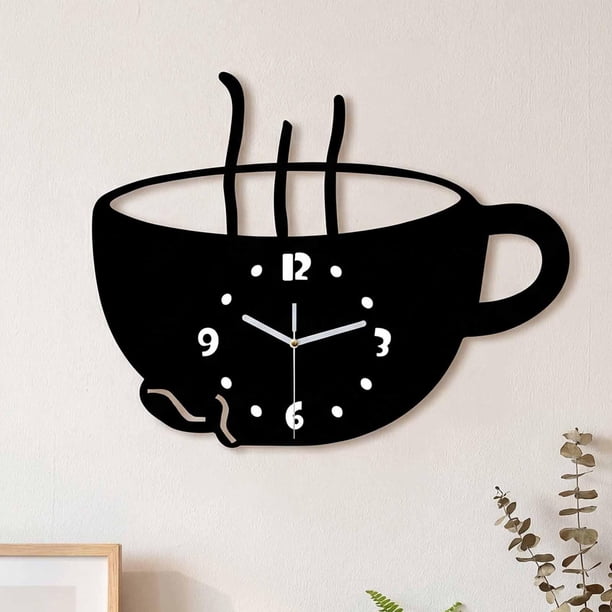 Reloj de pared colgante con forma de taza de café, adorno de pared, elegante, silencioso, reloj decorativo para restaurante, sala de estar, cafetería.