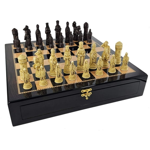 LARGE Medieval Times King Arthur Camelot Chess Set 20"Walnut Color Storage Board