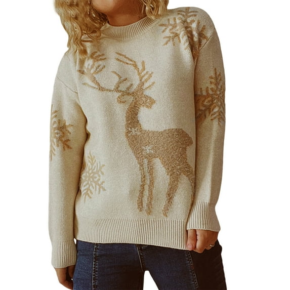 Seyurigaoka Merry Christmas Sweartshirt for Women Long Sleeve Elk Snowflake Pattern Knit Tops Christmas Pullover Sweater Jumper