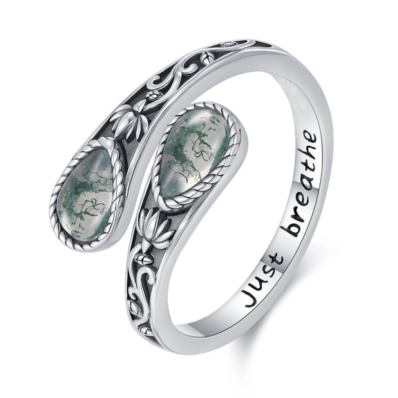 Midir&Etain Moss Agate Ring for Men Women Adjustable Lotus Spoon Rings Teardrop Agate White Gold Plated Thumb Rings Gift for Her