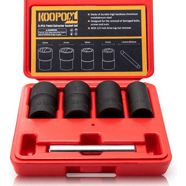 Twist Socket Set 5 Pcs Lug Nut Remover, Bolt Nut Extractor Set, Metric