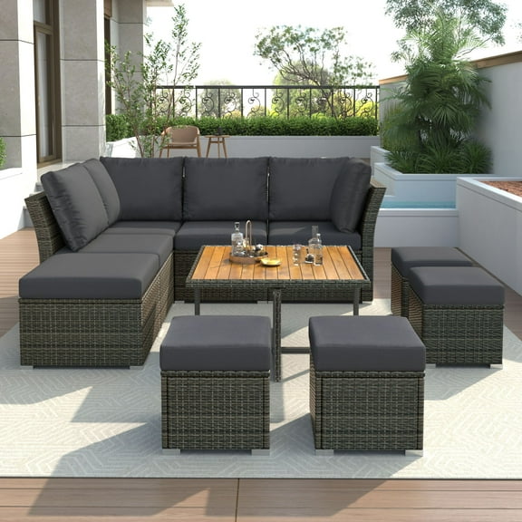 9 Pieces Outdoor Patio Furniture Set Outdoor Sectional Rattan Sofa Set Manual Wicker Patio Conversation Set with Ottomans, Solid Wood Coffee Table for Yard Deck Porch(Grey)