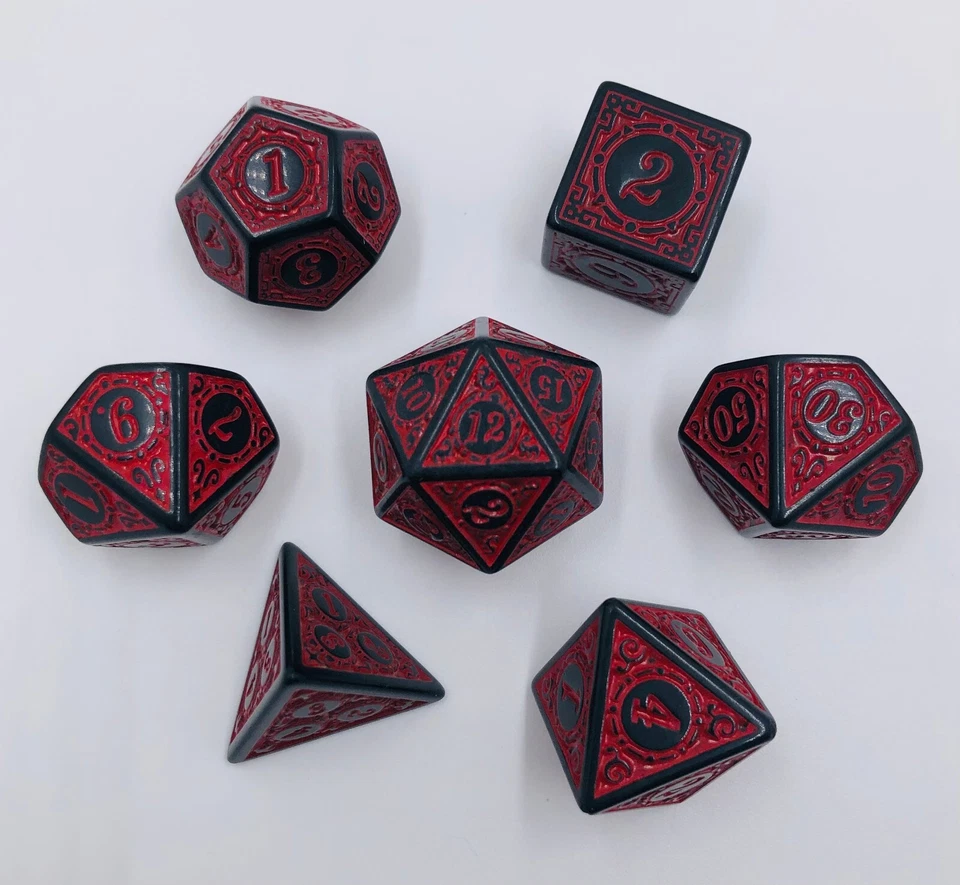 7 Red And Black Dice Set Polyhedral Dark Dnd Rpg Board Table Games Fantasy D&D