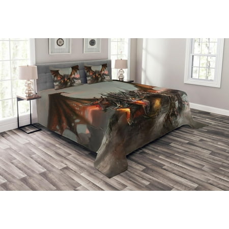 Monster High Bedspread Fantasy World Bedspread Set, Illustration of Three Headed Fire Breathing Dragon Large Monster Gothic Theme, Decorative Quilted Coverlet Set with Pillow Shams Included, Brown Grey, by Ambesonne ()