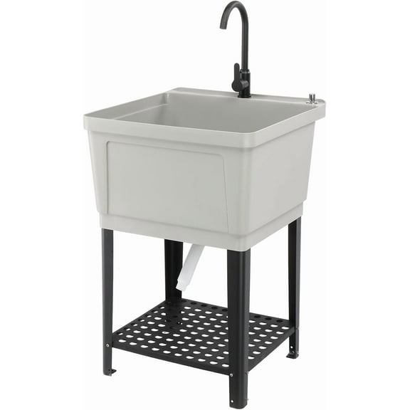 ROVSUN Plastic Utility Sink, Freestanding Sink with Hot&Cold Faucet, Soap Dispenser, Drain Plug and Iron Legs with Storage shelf, Perfect for Basement, Laundry Room, Garage (Grey)