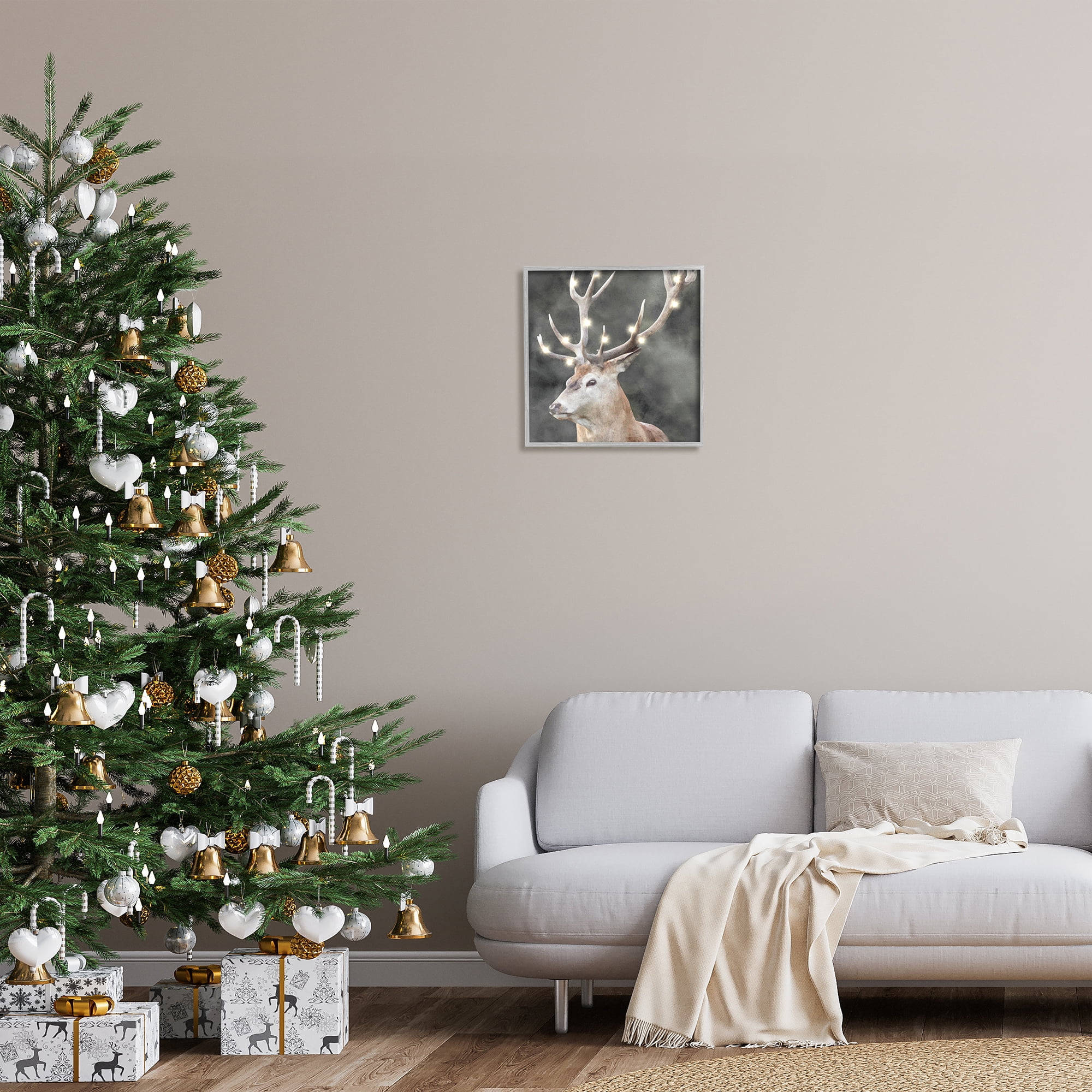 Stupell Industries Holiday Lights on Antlers Holiday Painting Gray Framed Art Print Wall Art, 17 x 17
