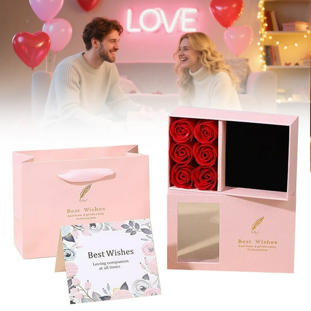 Hot Selling Now!Valentine'S Day Gift Box with 6 Roses, Feather Design Pink, Rose Ring Jewelry Box for Eternal Rose Necklaces Bracelets, includes tote Bag & Card