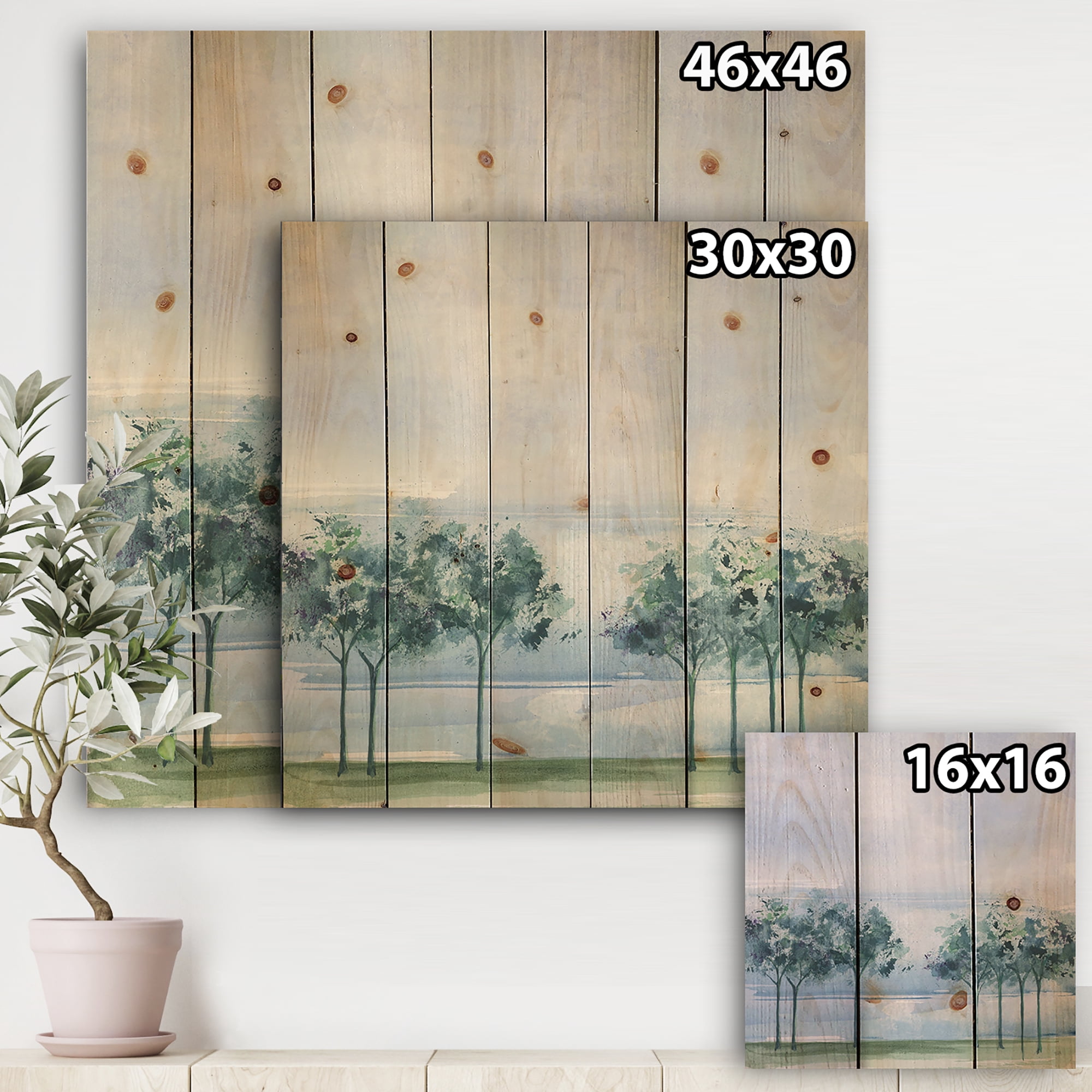 Designart 'Tree Across the Lake Under Blue Sky' Traditional Print on Natural Pine Wood