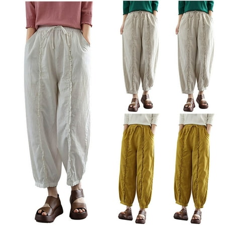onlyliua Pants for Women Casual Summer Drawstring Elastic High Waist Linen Pant Pockets Cropped Trouser Prime Deal Best Deals Today On Clearance #2