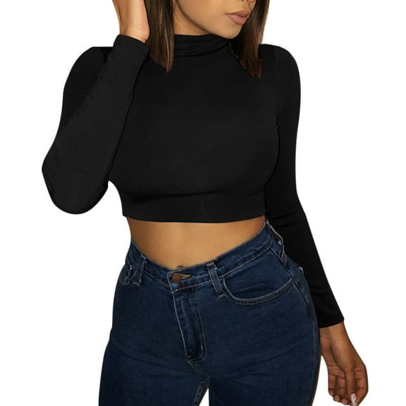 Outfmvch crop tops for women Exposure Of Navel Long Sleeve Solid Shirt womens tops crop tops Black