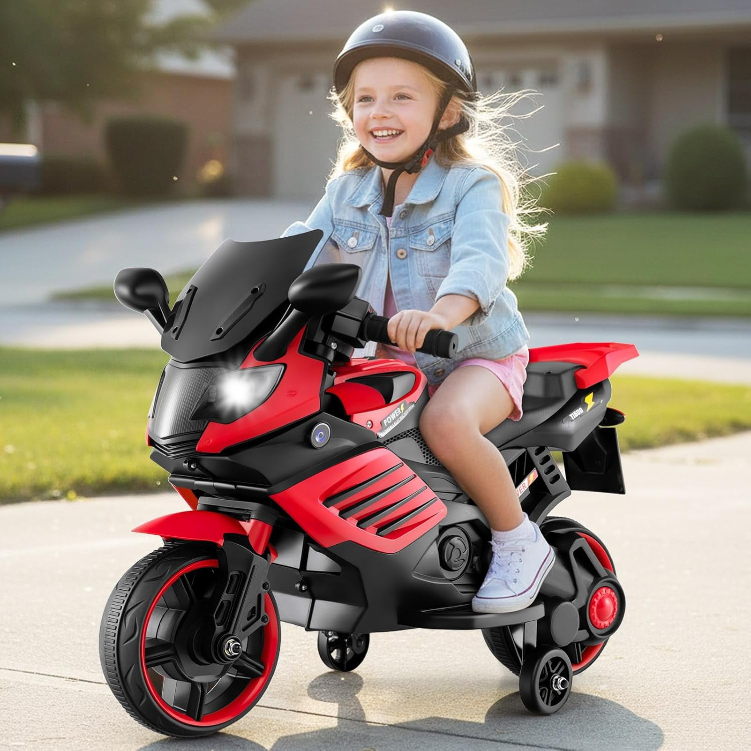 OLAKIDS 6V Kids Motorcycle with Training Wheels, Horn, Music, Headlight for Boys Girls Aged 3+ Years