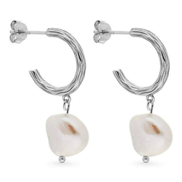 QUINTESSENTIAL Boucles d'Oreilles en Argent Sterling Demi-Cerceau avec Biwa d'Eau Douce