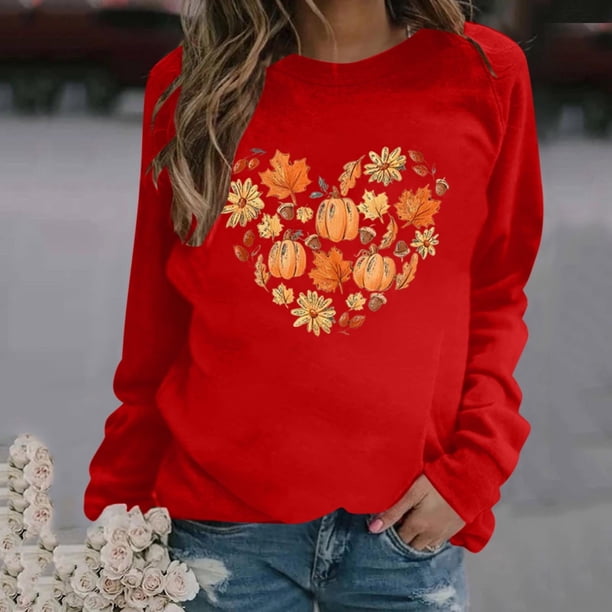 Camiseta de manga larga DecSea para mujer, ideal para otoño, para Halloween, Acción de Gracias, informal, con estampado de calabaza y pavo