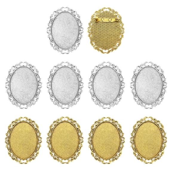 Uxcell 10 Pcs Cabochon Brooch, 40x30mm Alloy Findings Trays Oval Pins, Vintage Setting Brooch Pins for Diy Jewelry Making Pendants Photo Craft, Vintage Style, Silver/Golden