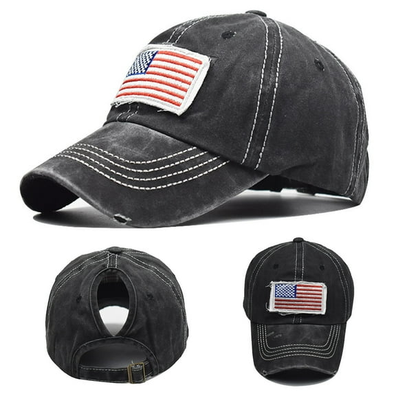 opvise Unisex Vintage American National Flag Ripped Anti UV Ponytail Hat Baseball Cap Navy Blue