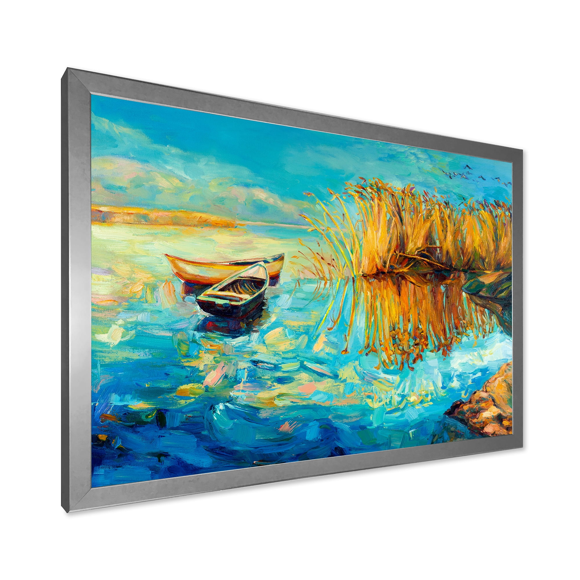 Orange Trees With Turquoise Lake During Sunset 32 in x 24 in Framed Painting Canvas Art Print, by Designart